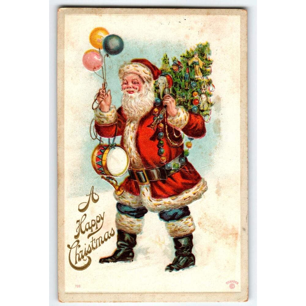 Antique Embossed Santa Claus Christmas Postcard – Santa with Balloons, Toys Tree